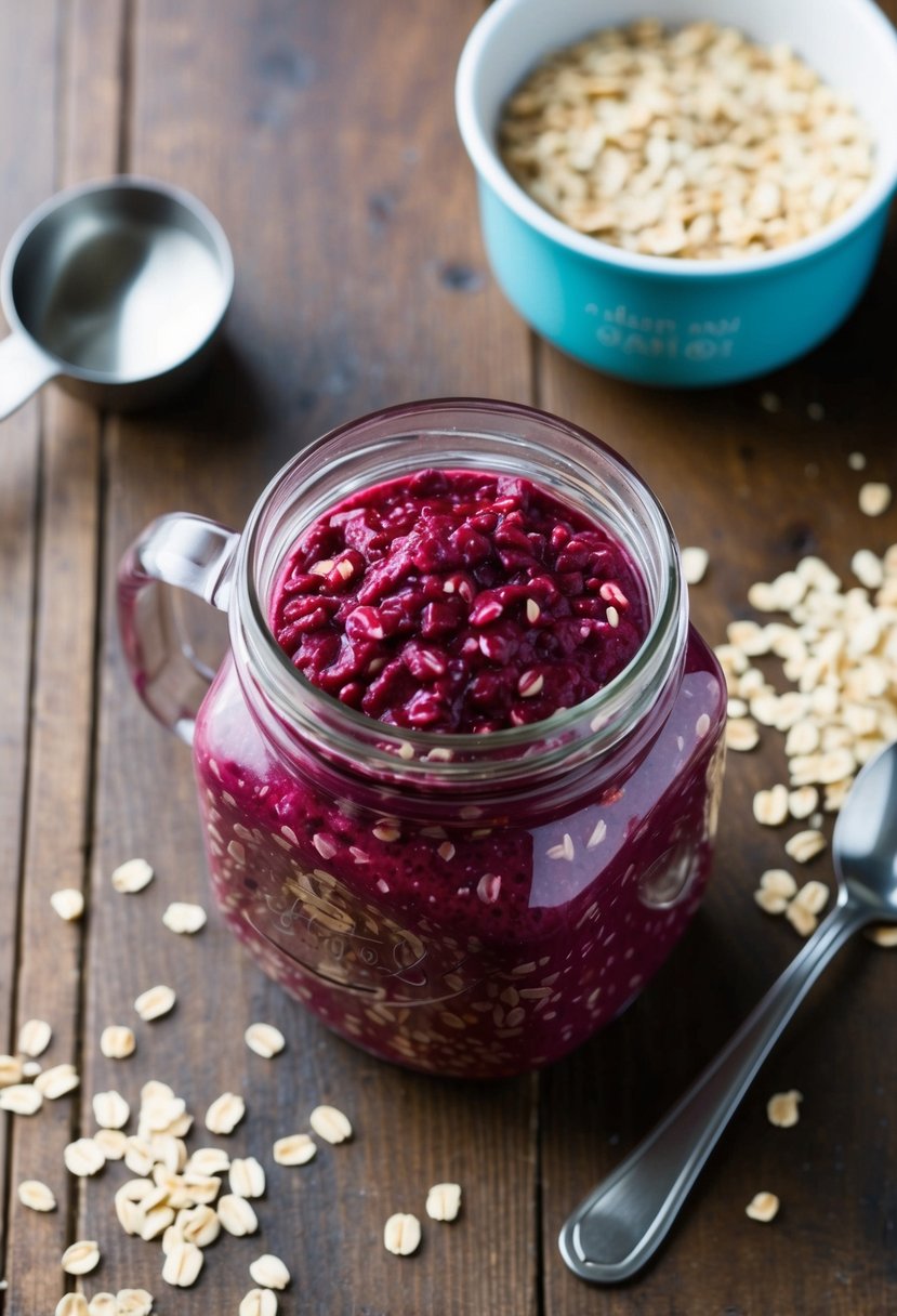 These 23 Overnight Oats Recipes Will Transform Your Morning Routine 24 A glass jar filled with red velvet overnight oats, surrounded by scattered oats, a measuring cup, and a spoon on a wooden table