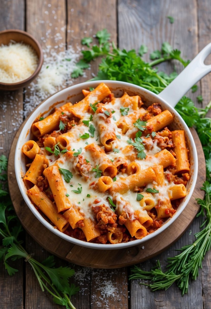 21 Cheap and Tasty Dinner Ideas Your Kids Will Love 5 A steaming dish of baked ziti sits on a rustic wooden table, surrounded by fresh herbs and a scattering of grated cheese