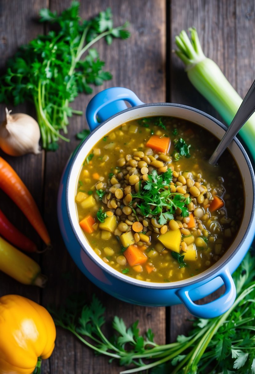 21 Cheap and Tasty Dinner Ideas Your Kids Will Love 6 A steaming pot of lentil soup surrounded by colorful vegetables and herbs on a rustic wooden table