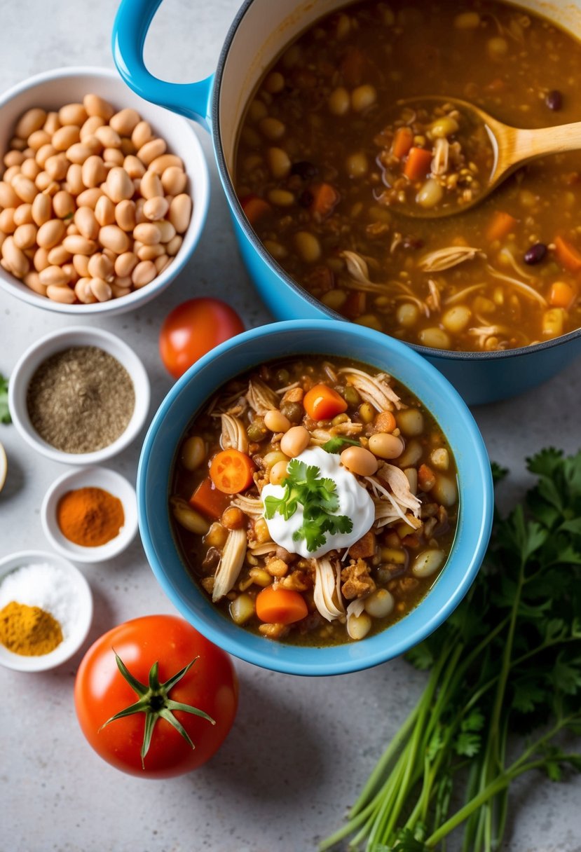 21 Cheap and Tasty Dinner Ideas Your Kids Will Love 7 A pot of bubbling turkey chili surrounded by various inexpensive ingredients like beans, tomatoes, and spices on a kitchen counter
