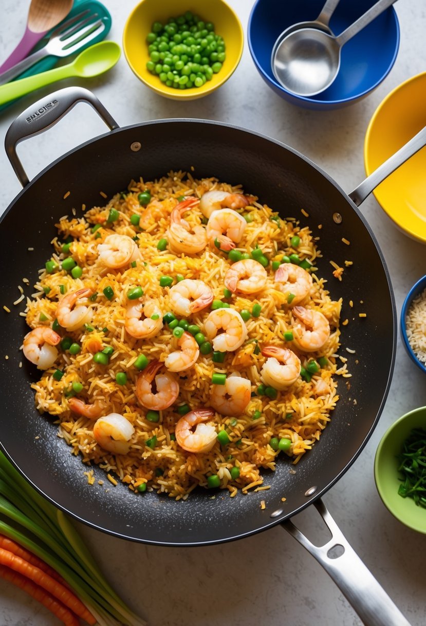 21 Cheap and Tasty Dinner Ideas Your Kids Will Love 9 A sizzling wok filled with shrimp fried rice, surrounded by colorful ingredients and cooking utensils on a kitchen counter