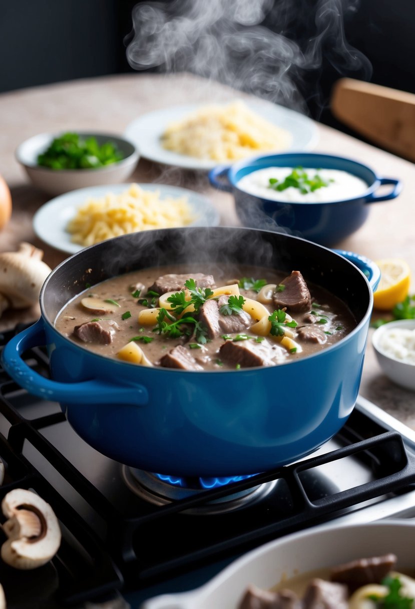 21 Cheap and Tasty Dinner Ideas Your Kids Will Love 10 A steaming pot of beef stroganoff simmers on a stovetop, surrounded by ingredients like mushrooms, onions, and sour cream. A dinner table is set in the background