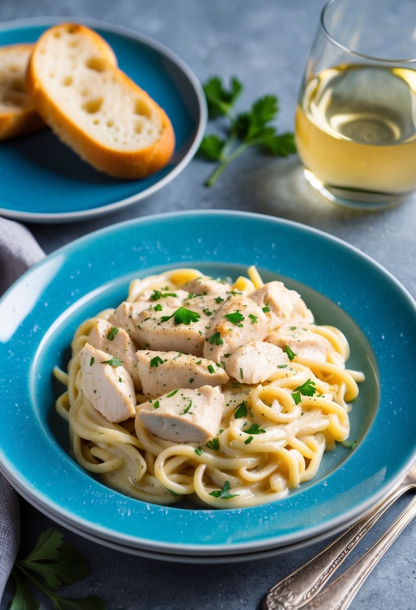 21 Cheap and Tasty Dinner Ideas Your Kids Will Love 11 A steaming plate of creamy Chicken Alfredo with a sprinkle of parsley, accompanied by a side of garlic bread and a glass of white wine