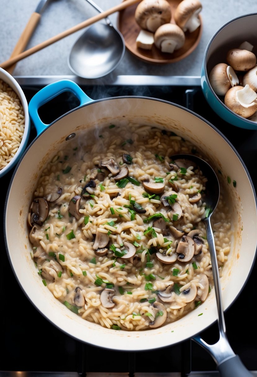21 Cheap and Tasty Dinner Ideas Your Kids Will Love 12 A steaming pot of creamy mushroom risotto simmers on a stovetop, surrounded by ingredients like arborio rice, mushrooms, and a ladle