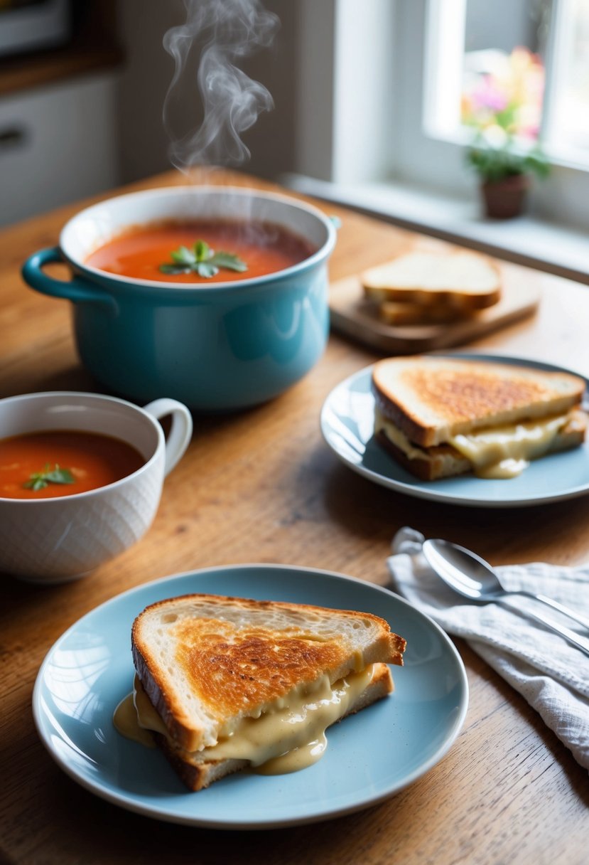 21 Cheap and Tasty Dinner Ideas Your Kids Will Love 13 A cozy kitchen table set with a steaming bowl of tomato soup and a gooey grilled cheese sandwich on a plate