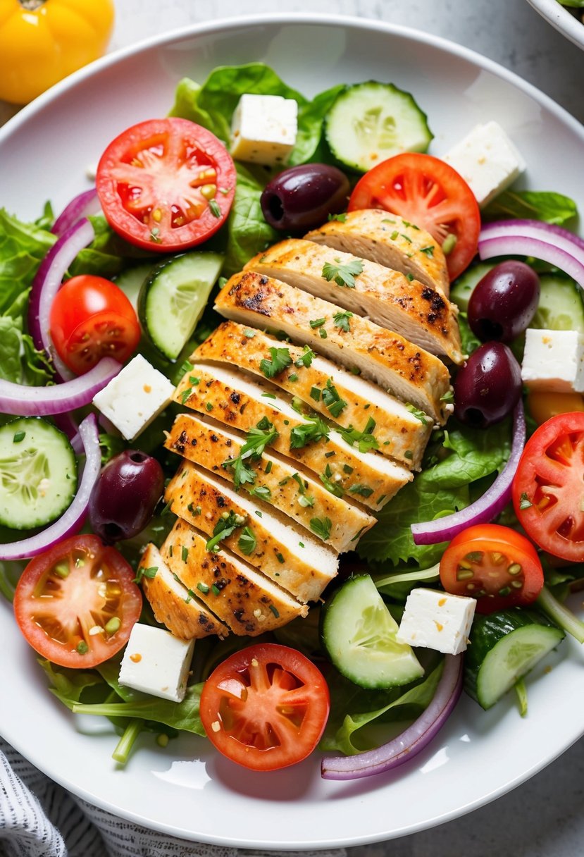 21 Cheap and Tasty Dinner Ideas Your Kids Will Love 14 A colorful Greek salad with grilled chicken, feta cheese, tomatoes, cucumbers, olives, and red onions arranged on a white plate