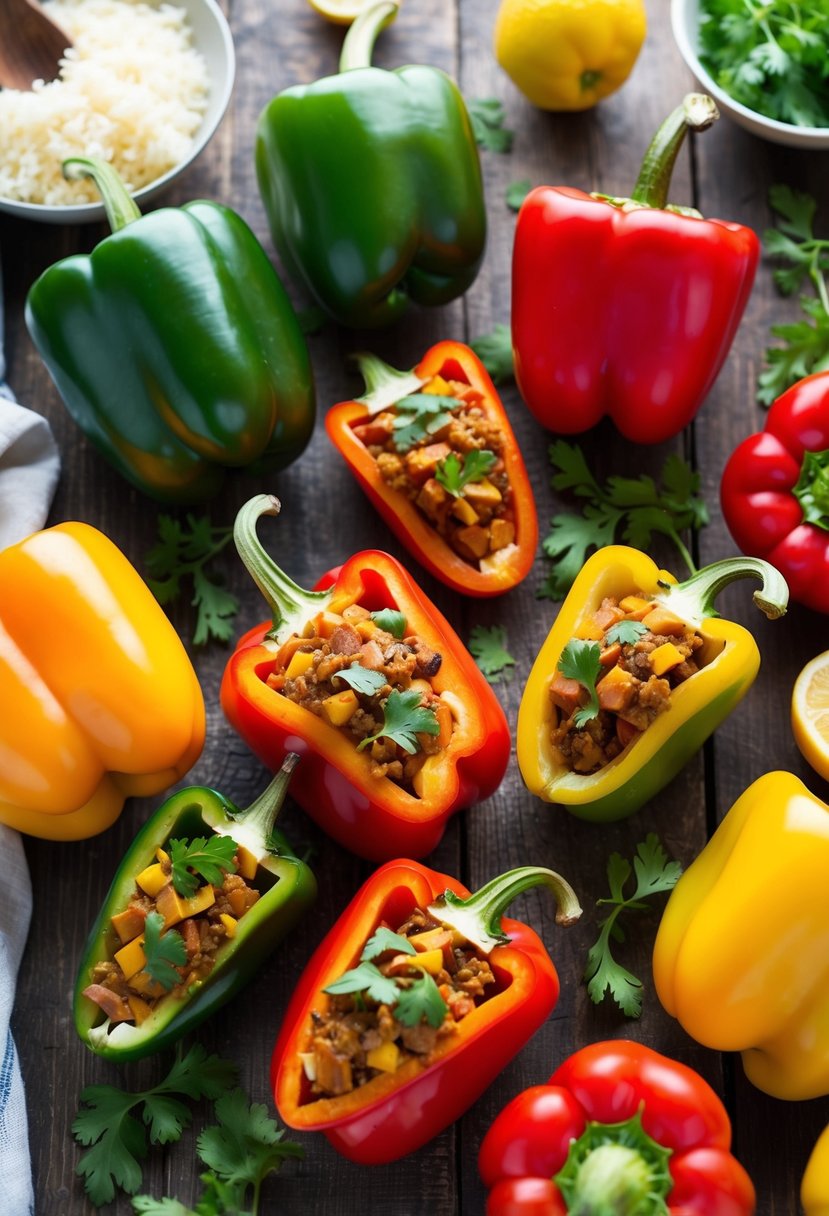 21 Cheap and Tasty Dinner Ideas Your Kids Will Love 15 A colorful array of bell peppers, filled with a savory mixture, arranged on a rustic wooden table surrounded by fresh ingredients