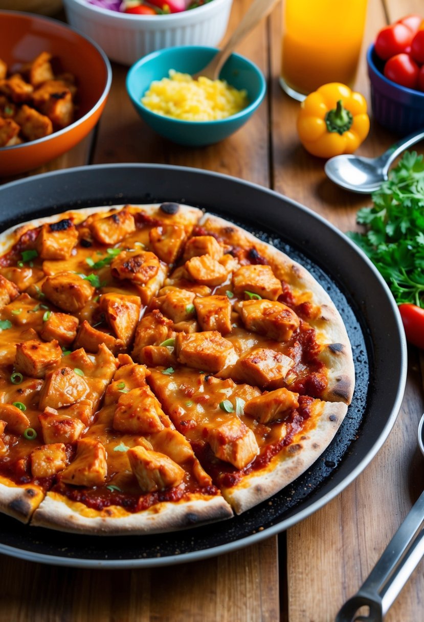 21 Cheap and Tasty Dinner Ideas Your Kids Will Love 16 A sizzling BBQ chicken pizza sits on a wooden table surrounded by colorful ingredients and cooking utensils