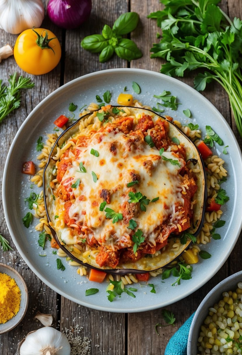 21 Cheap and Tasty Dinner Ideas Your Kids Will Love 17 A steaming hot plate of eggplant parmesan surrounded by colorful ingredients and herbs on a rustic wooden table
