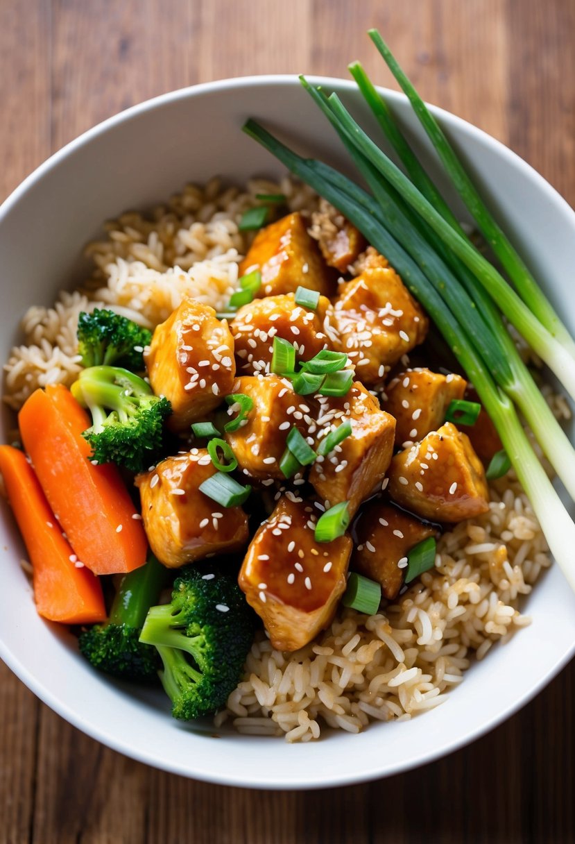 21 Cheap and Tasty Dinner Ideas Your Kids Will Love 18 A steaming bowl of teriyaki chicken, rice, and vegetables, garnished with sesame seeds and green onions, sits on a wooden table
