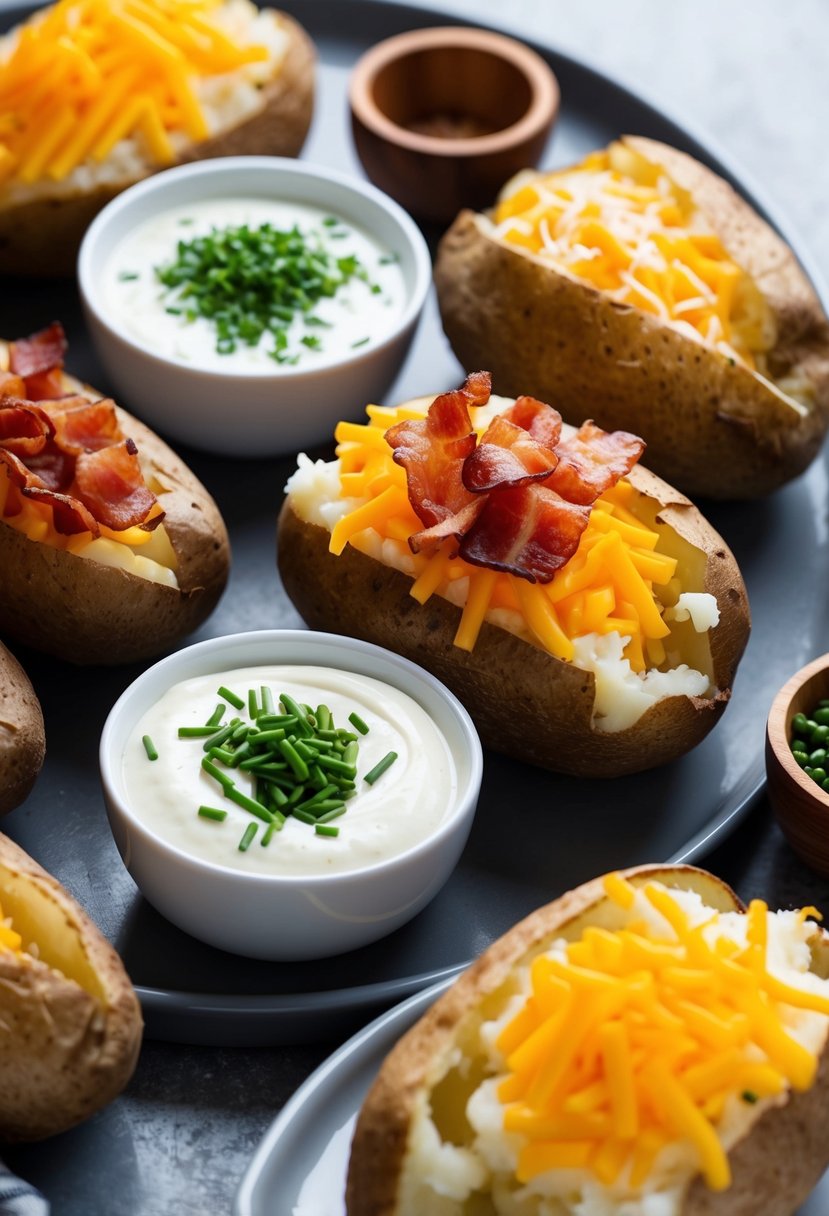 21 Cheap and Tasty Dinner Ideas Your Kids Will Love 19 A table set with baked potatoes and an array of toppings, including cheese, bacon, sour cream, and chives