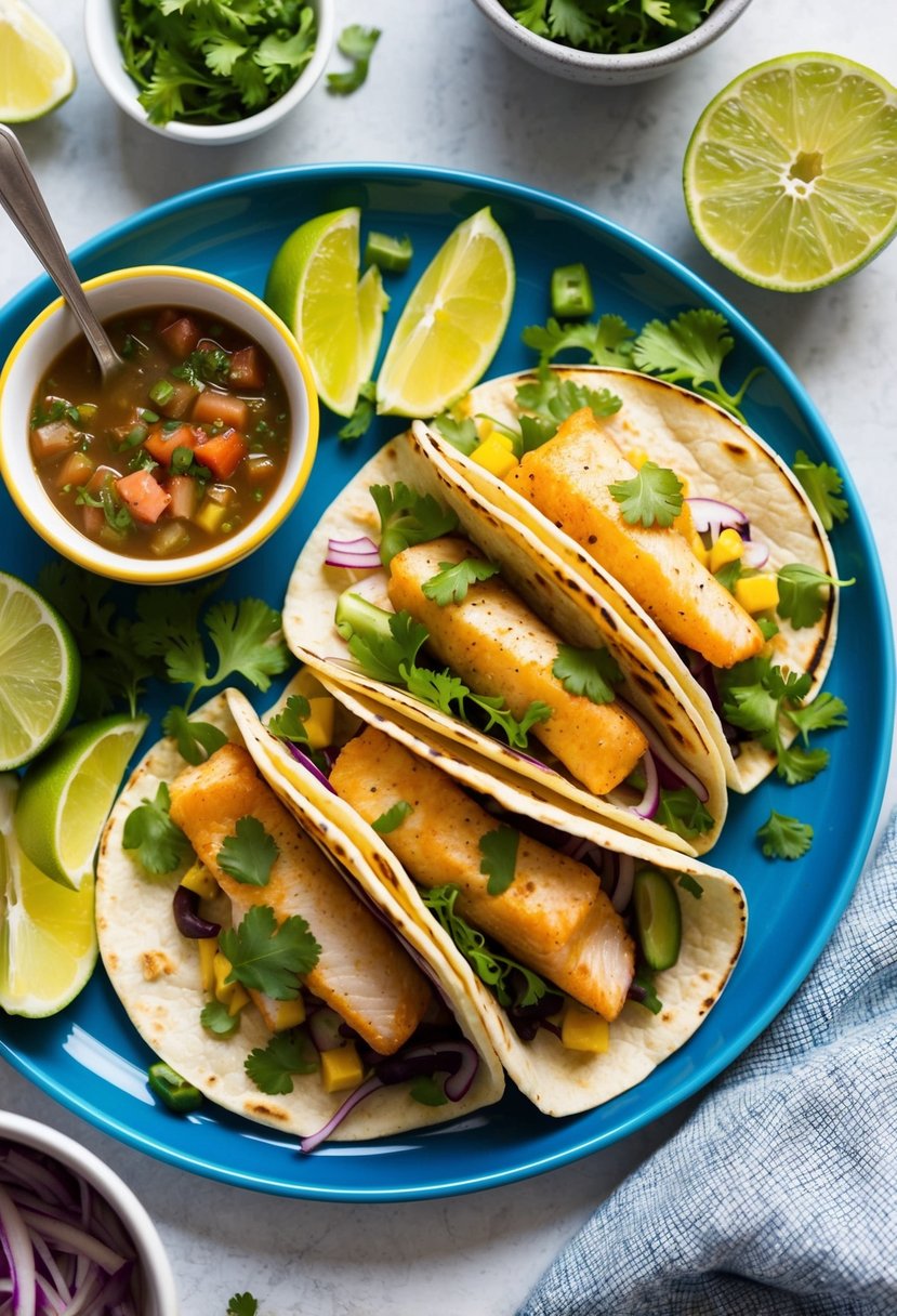 21 Cheap and Tasty Dinner Ideas Your Kids Will Love 20 A colorful plate of fish tacos surrounded by fresh ingredients and a side of salsa