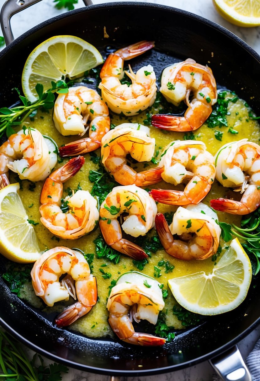 A sizzling skillet of garlic butter shrimp, surrounded by fresh herbs and lemon wedges, steaming and ready to be served