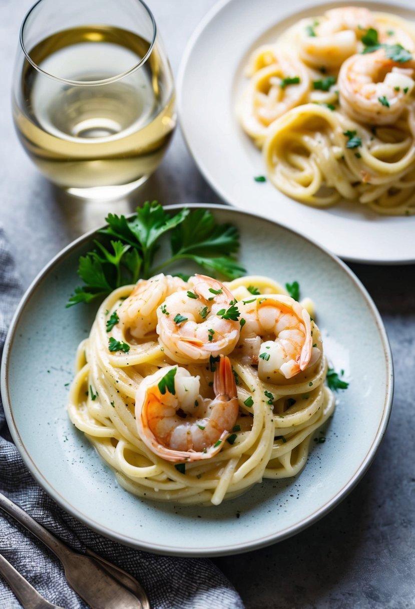 A steaming plate of creamy shrimp Alfredo with a sprinkle of parsley, served alongside a glass of white wine