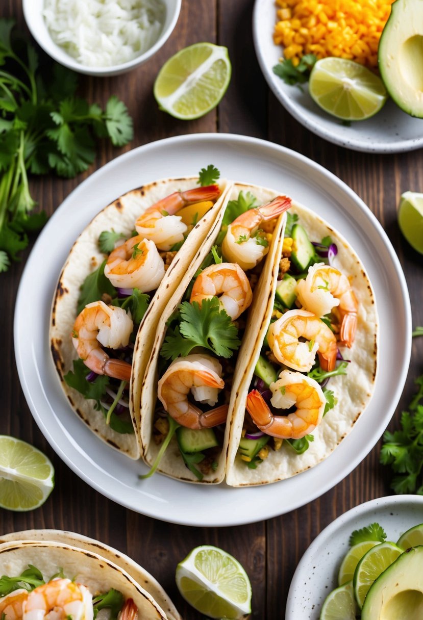 A plate of shrimp tacos surrounded by fresh ingredients and garnishes on a wooden table