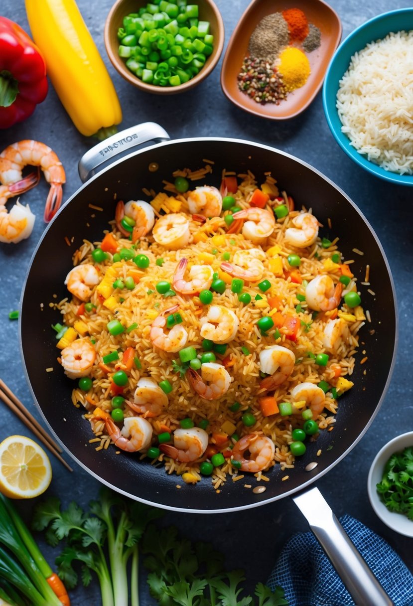 A sizzling wok filled with shrimp fried rice, surrounded by colorful ingredients like shrimp, rice, vegetables, and seasonings