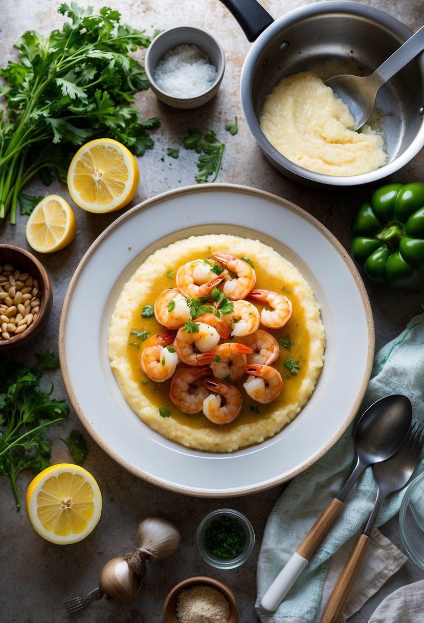 A steaming plate of shrimp and grits surrounded by fresh ingredients and cooking utensils on a rustic kitchen counter