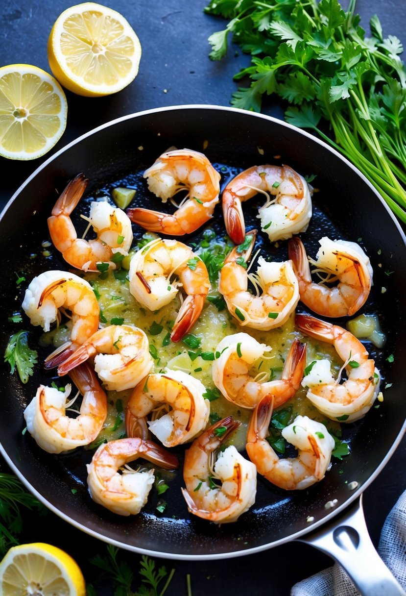 A sizzling skillet of lemon garlic shrimp surrounded by fresh herbs and sliced lemons