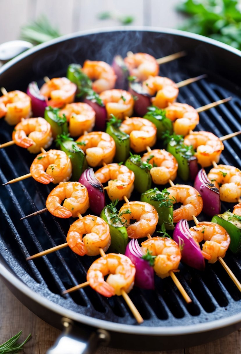 A sizzling grill with skewers of marinated shrimp, colorful vegetables, and aromatic herbs