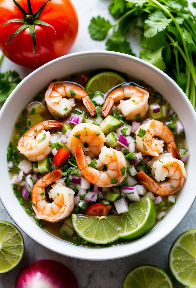 A bowl of shrimp ceviche surrounded by fresh ingredients like tomatoes, onions, cilantro, and lime slices, with a vibrant and inviting color palette