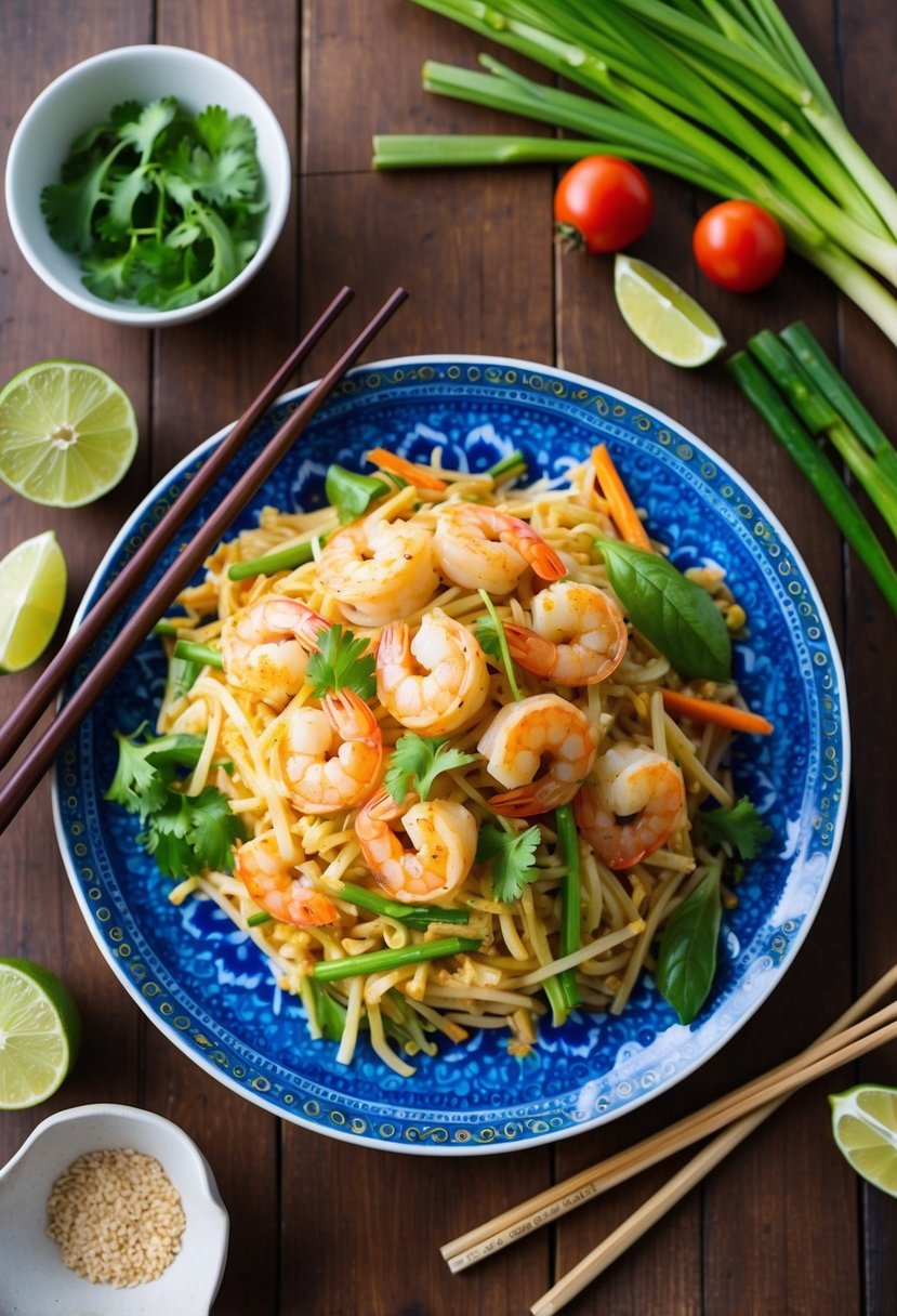 A colorful plate of Shrimp Pad Thai surrounded by fresh ingredients and chopsticks on a wooden table