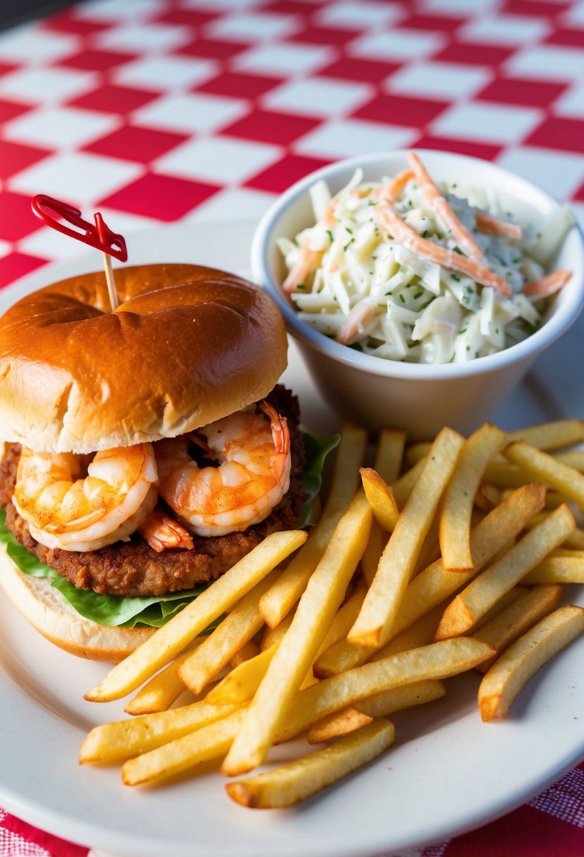 A shrimp po' boy sandwich with a side of coleslaw and a pile of crispy fries on a checkered picnic table