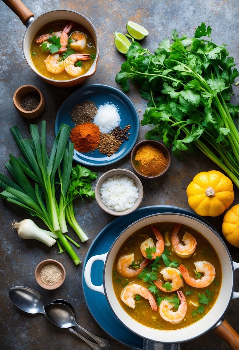 A steaming pot of shrimp gumbo surrounded by fresh ingredients and spices on a rustic kitchen counter