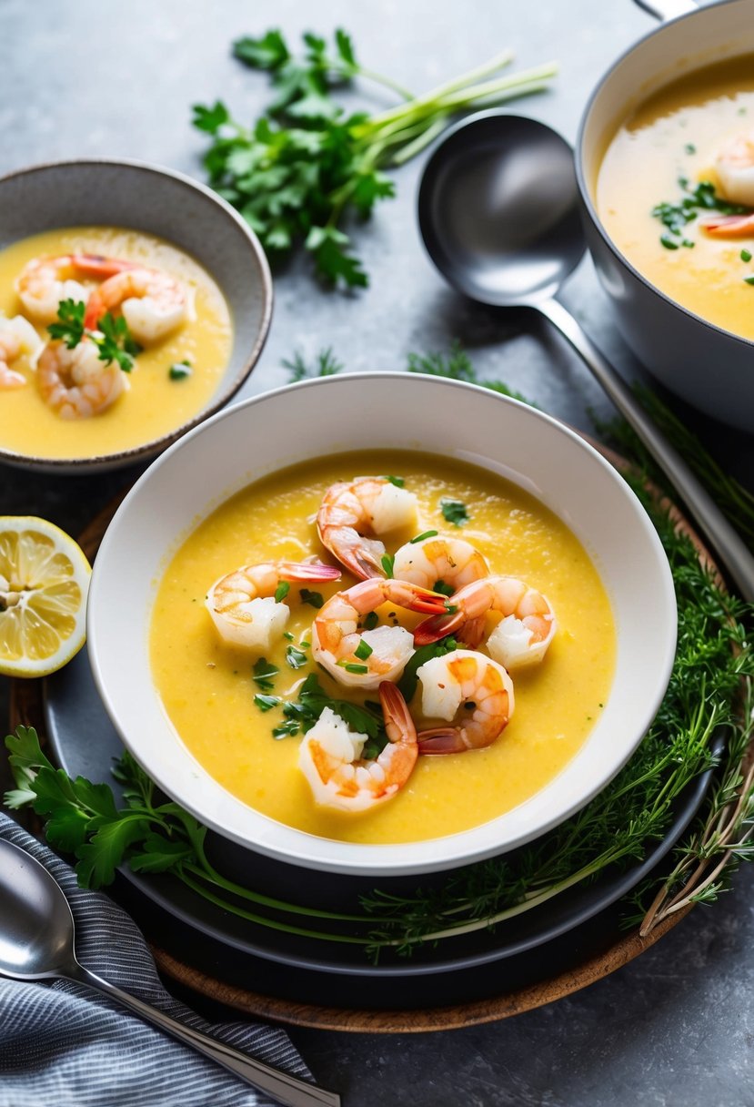 A steaming bowl of shrimp bisque surrounded by fresh shrimp, herbs, and a ladle