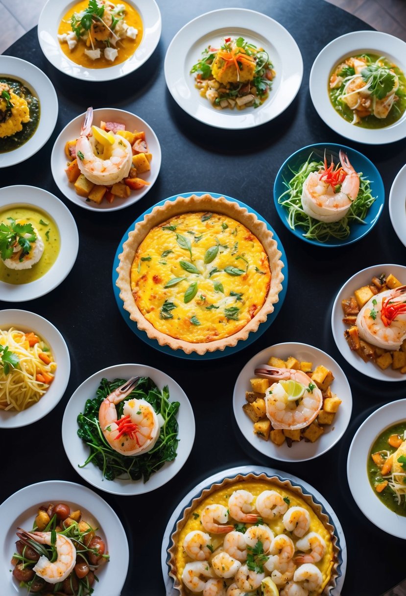 A table set with a shrimp quiche surrounded by 23 different shrimp dishes, each arranged on a platter with colorful garnishes