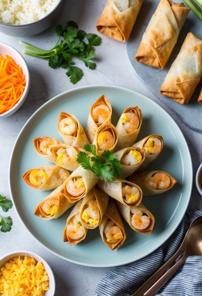 A plate of shrimp egg rolls surrounded by ingredients and cooking utensils