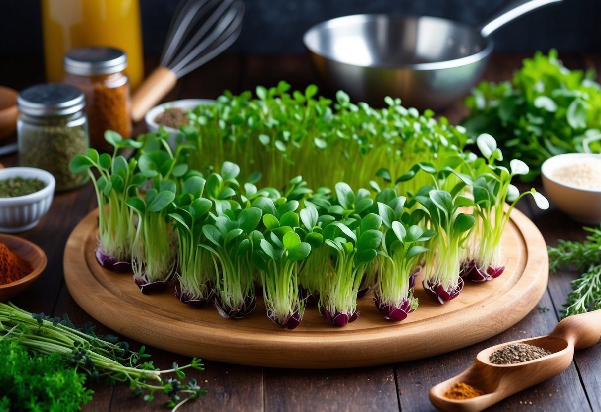 A colorful array of homegrown microgreens arranged on a wooden cutting board, surrounded by fresh herbs, spices, and various cooking utensils