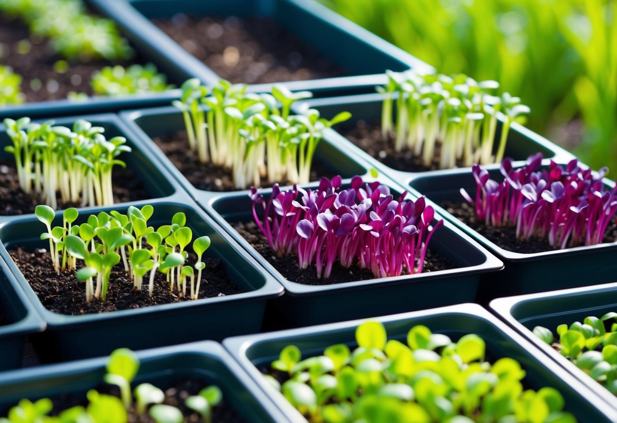 A variety of vibrant microgreens sprout from soil-filled trays, showcasing their potential to provide fresh, nutrient-rich produce and reduce food waste