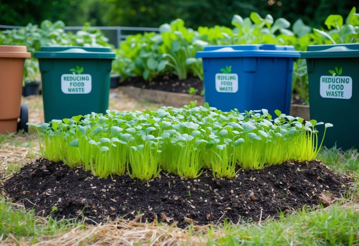 A pile of discarded vegetable scraps transformed into a thriving bed of microgreens, surrounded by compost bins and a sign reading "Reducing Food Waste."
