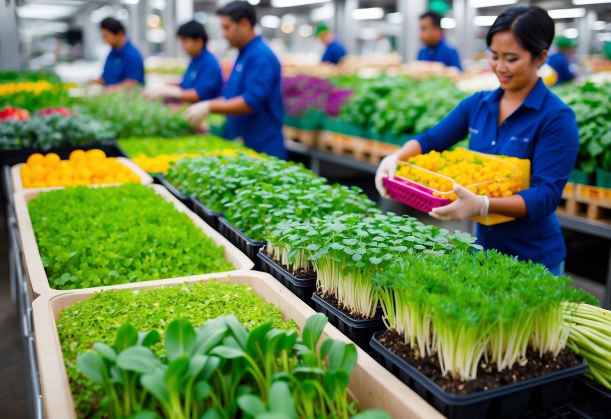 A colorful array of fresh microgreens being harvested and packed alongside larger produce in a bustling food supply chain