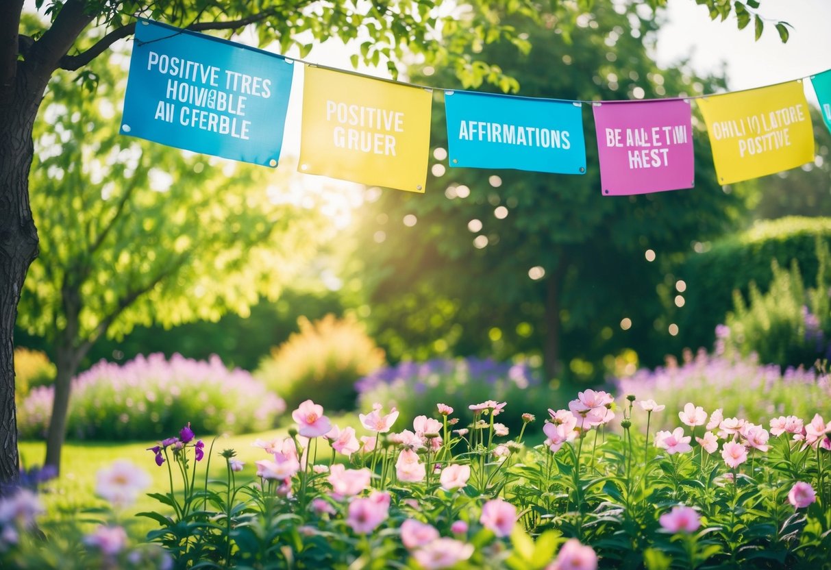 Ein ruhiger Garten mit blühenden Blumen und einer sanften Brise, umgeben von positiven Affirmationen, die auf bunten Bannern hängen, die von den Bäumen hängen.