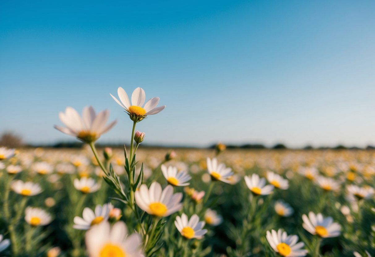 Eine friedliche Landschaft mit einem blühenden Feld von Blumen unter einem klaren blauen Himmel