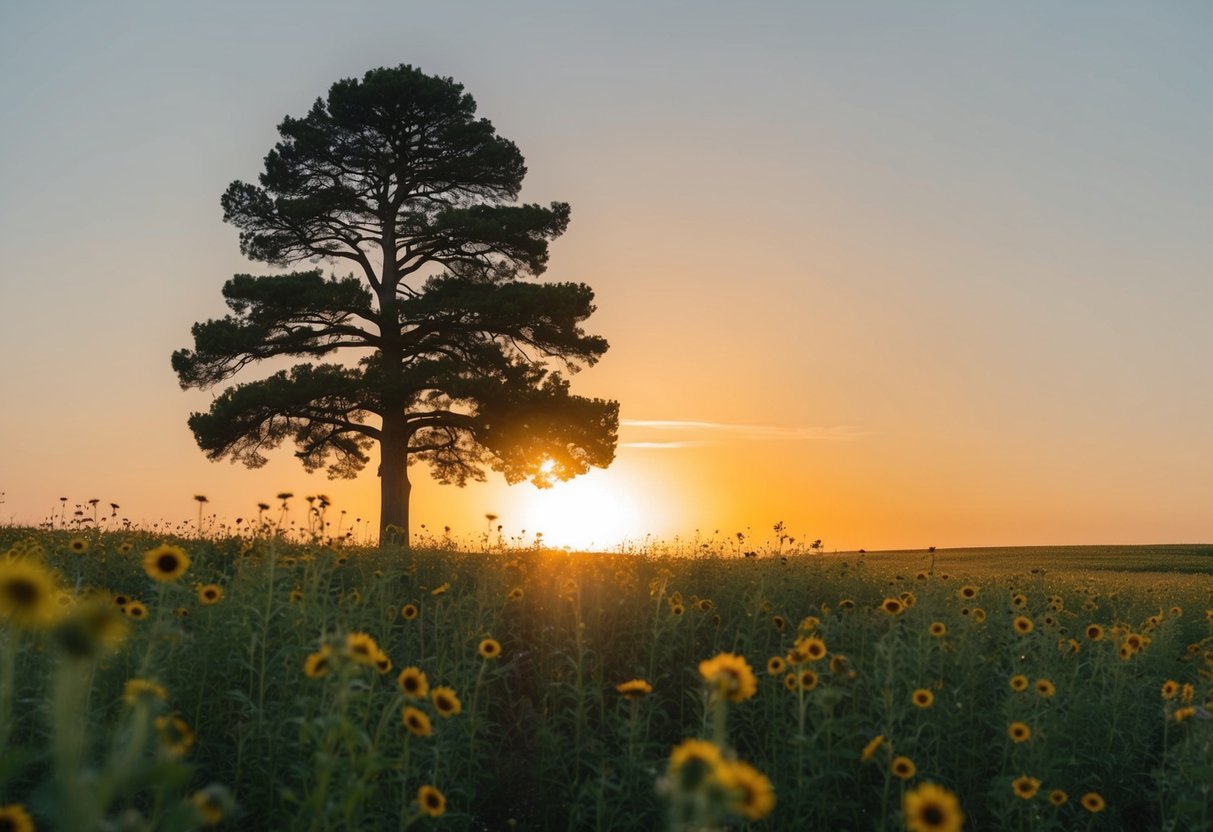 Ein einzelner Baum, der hoch inmitten eines Feldes von Wildblumen steht, während die Sonne hinter ihm untergeht und einen warmen Schein über die Landschaft wirft.