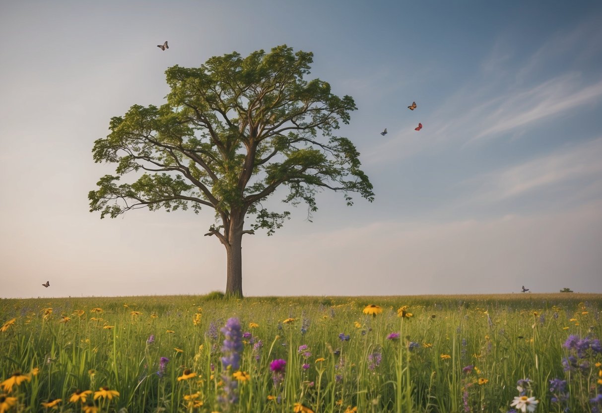 Ein ruhiges, offenes Feld mit einem einzelnen Baum, der hoch emporragt, während seine Äste gen Himmel greifen, umgeben von bunten Wildblumen und Schmetterlingen.