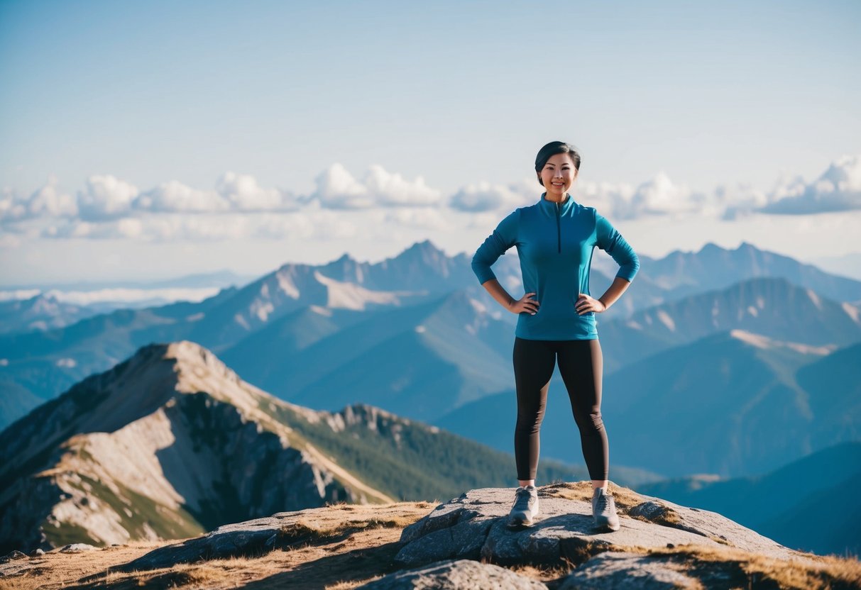 Eine Person, die selbstbewusst auf einem Berggipfel steht, umgeben von einer schönen Landschaft, mit einem Gefühl von Stolz und Erfolg, das aus ihrer Haltung strahlt.