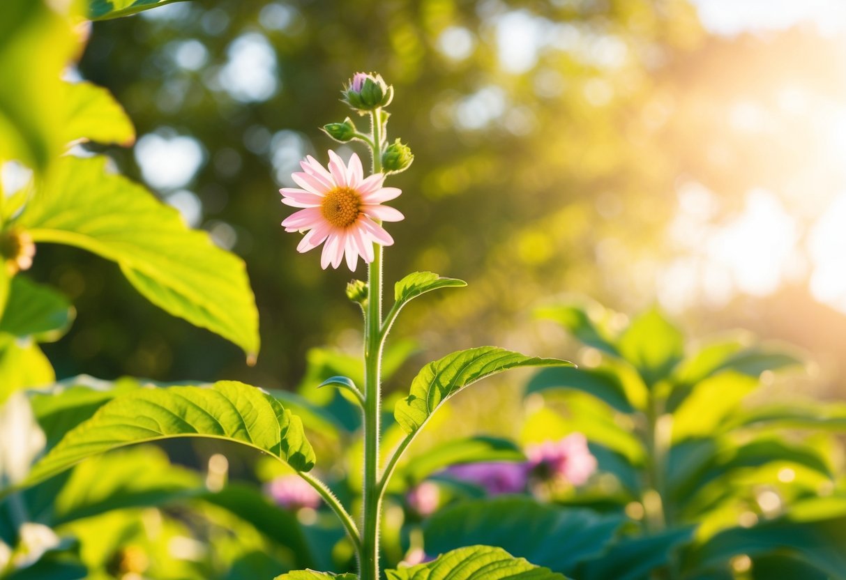 Eine blühende Blume, die jeden Tag höher wächst, umgeben von lebhaft grünen Blättern und in warmem Sonnenlicht gebadet.