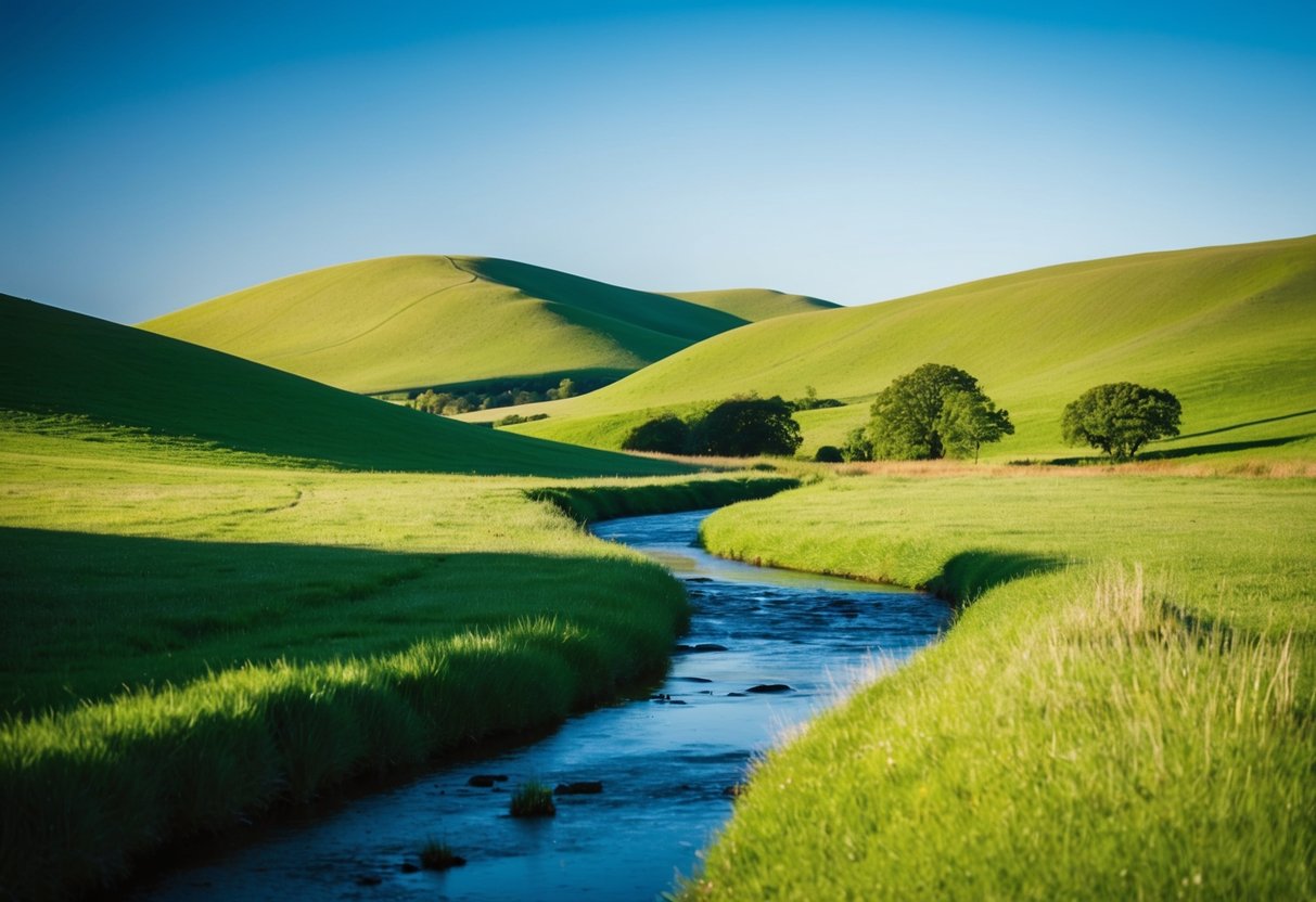 Eine ruhige, friedliche Landschaft mit einem klaren blauen Himmel, sanften grünen Hügeln und einem friedlichen Bach, der durch die Szenerie fließt.