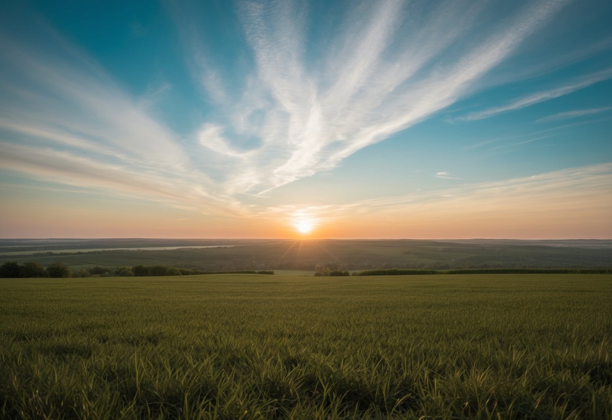 Eine ruhige Landschaft mit einem weiten, offenen Himmel und einem endlosen Horizont, der grenzenlose Möglichkeiten und die Bestätigung der Selbstliebe symbolisiert.