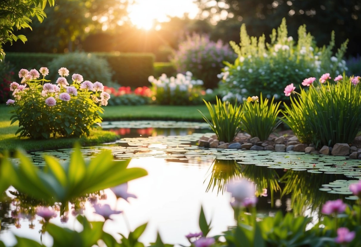 Ein ruhiger Garten mit blühenden Blumen und einem friedlichen Teich, der das Sonnenlicht reflektiert.