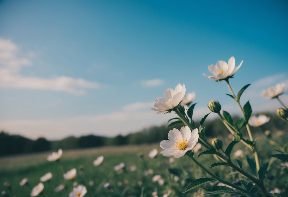 Eine ruhige Landschaft mit blühenden Blumen und einem klaren blauen Himmel, die ein Gefühl von Selbstakzeptanz und Liebe hervorruft.