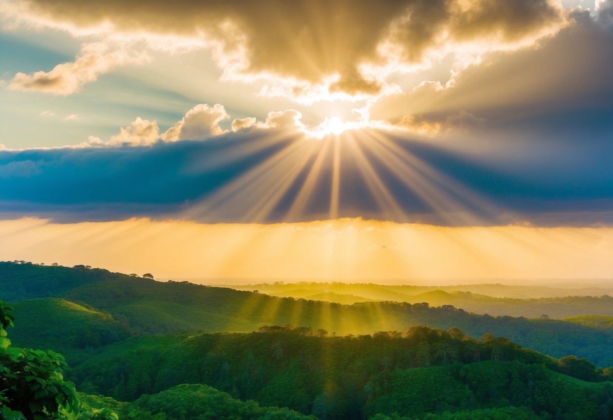 Ein lebendiger Sonnenaufgang über einer üppigen, grünen Landschaft, mit Lichtstrahlen, die durch die Wolken strömen und ein Gefühl von Hoffnung und Positivität schaffen.