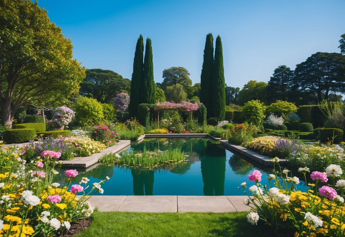 Ein friedlicher Garten mit blühenden Blumen und einem ruhigen Teich, umgeben von hohen Bäumen und einem klaren blauen Himmel