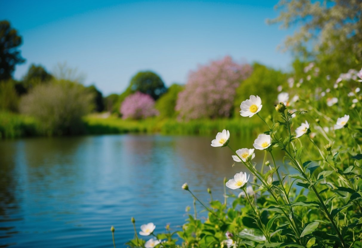 Eine friedliche Naturszene mit blühenden Blumen und einem ruhigen Gewässer, umgeben von üppigem Grün und einem klaren blauen Himmel