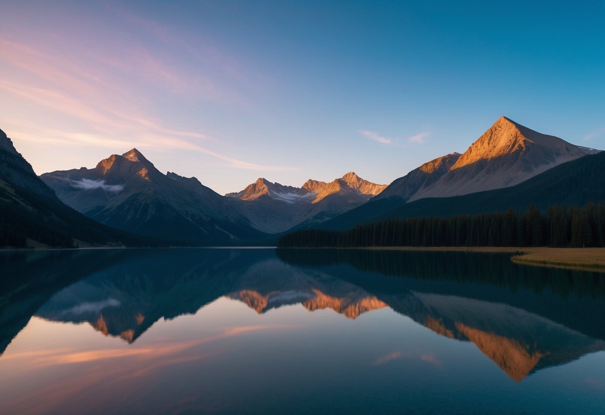 Eine ruhige Berglandschaft mit einem stillen See, der die umliegenden Gipfel widerspiegelt. Die Sonne geht unter und wirft einen warmen Schein über die Szene.