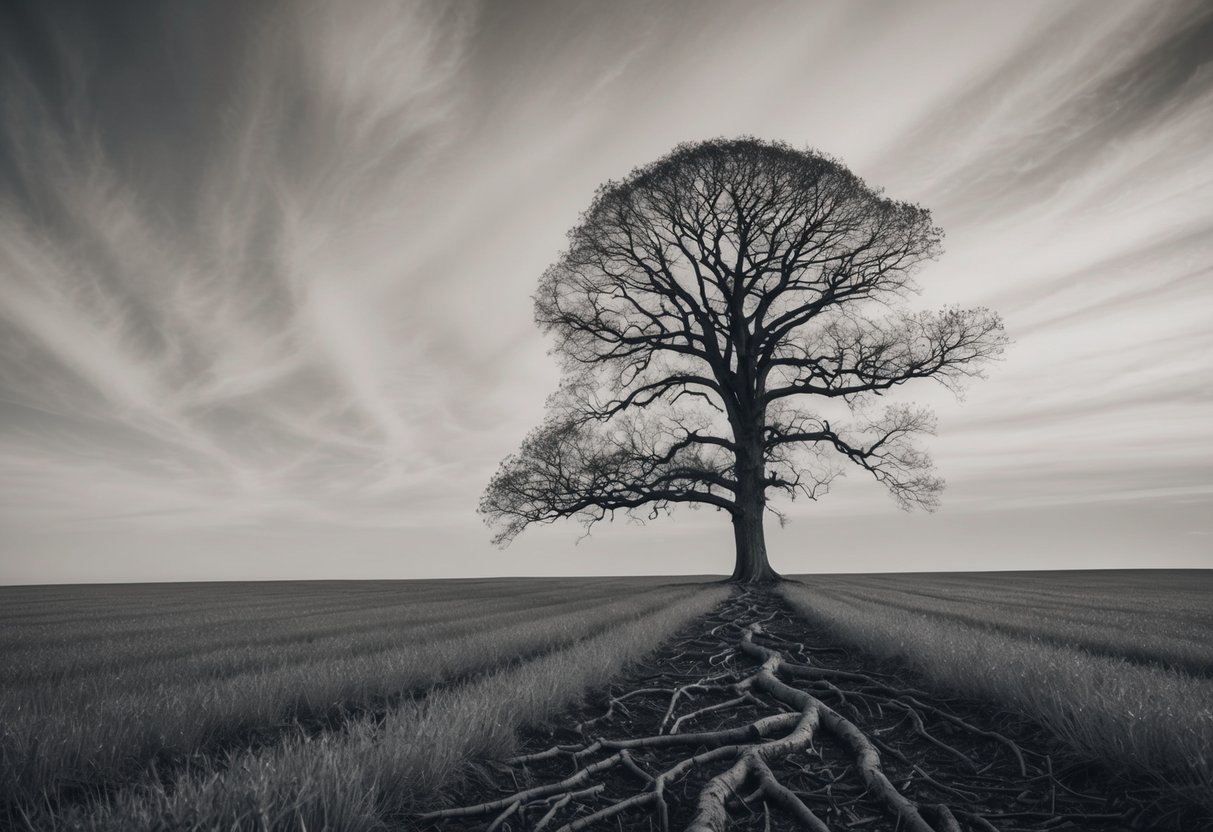 Ein einsamer Baum steht hoch in einem windgepeitschten Feld, seine Wurzeln graben sich tief in die Erde und symbolisieren Widerstandsfähigkeit und innere Stärke.