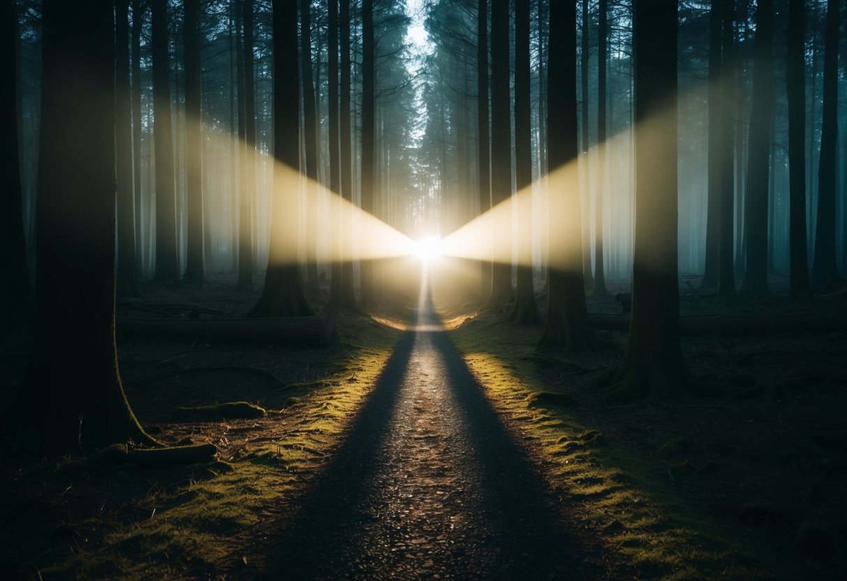 Ein Lichtstrahl scheint durch einen dunklen Wald und beleuchtet einen Weg, der zu einem leuchtenden, kraftvollen Symbol innerer Stärke führt.